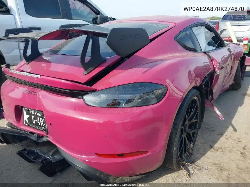 2024 Porsche Cayman Gt4 Rs VIN: WP0AE2A87RK274870 Lot: 42032935