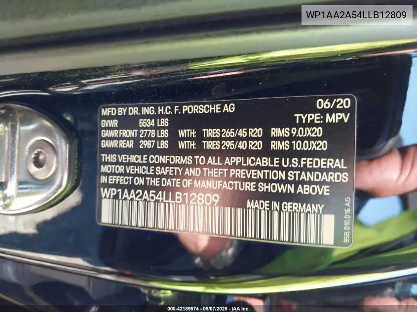 2020 Porsche Macan VIN: WP1AA2A54LLB12809 Lot: 42189574