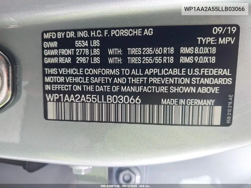 2020 Porsche Macan VIN: WP1AA2A55LLB03066 Lot: 42497026
