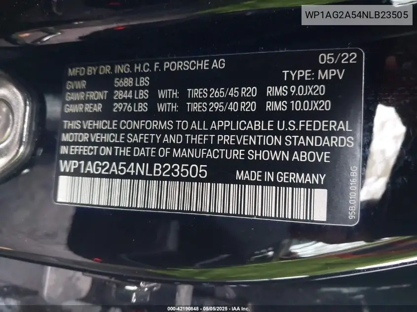 2022 Porsche Macan S VIN: WP1AG2A54NLB23505 Lot: 42190848