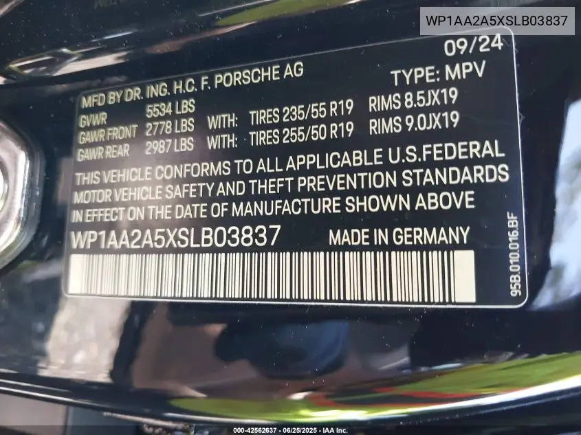 2025 Porsche Macan T VIN: WP1AA2A5XSLB03837 Lot: 42562637