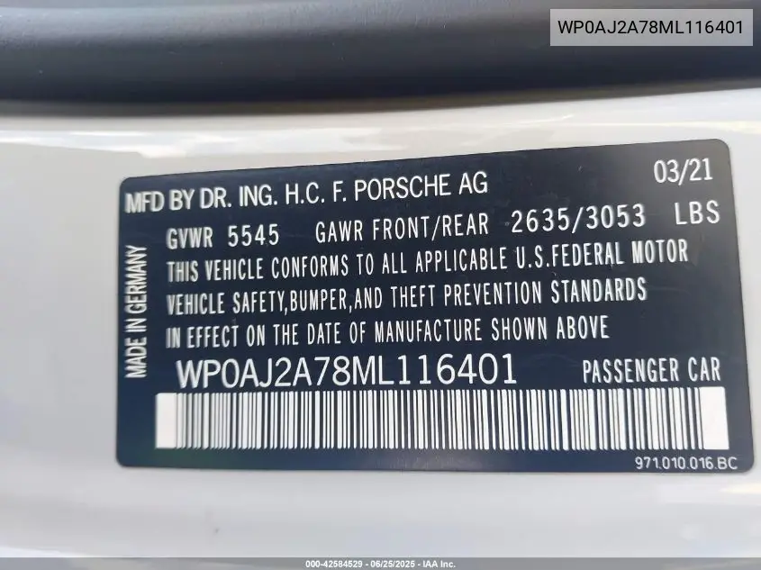 2021 Porsche Panamera 4 VIN: WP0AJ2A78ML116401 Lot: 42584529