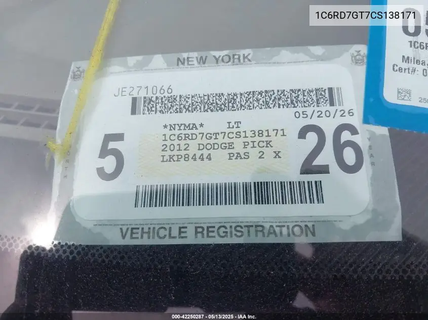 2012 Ram 1500 Slt VIN: 1C6RD7GT7CS138171 Lot: 42250287