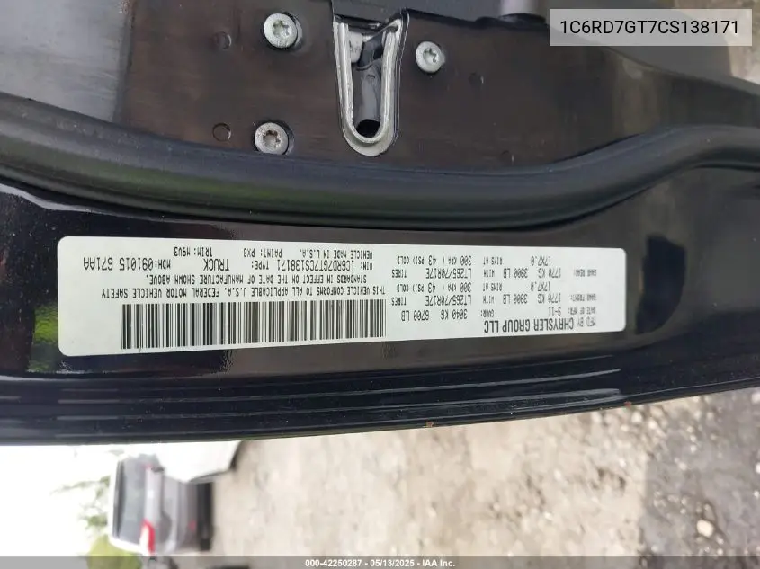 2012 Ram 1500 Slt VIN: 1C6RD7GT7CS138171 Lot: 42250287