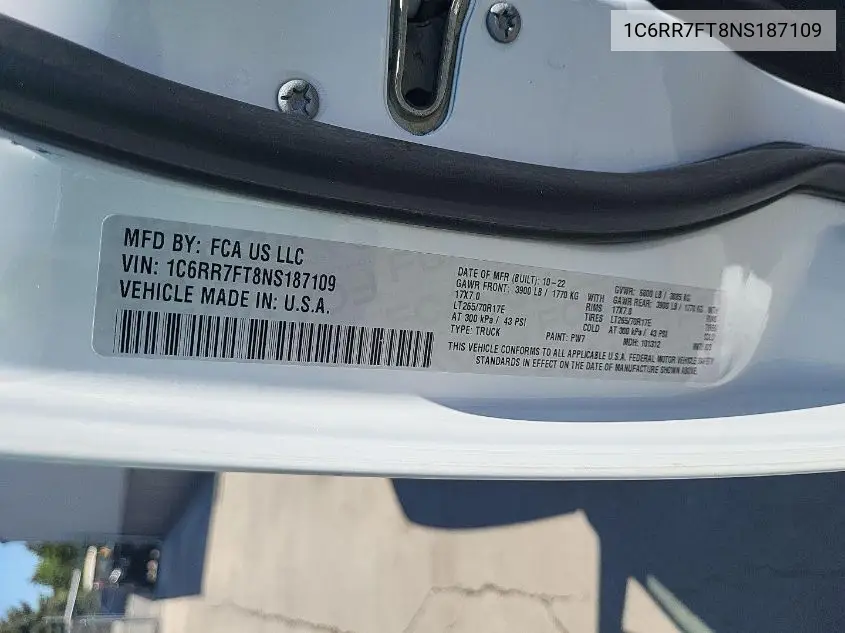 2022 Ram 1500 Classic Tradesman VIN: 1C6RR7FT8NS187109 Lot: 42272285