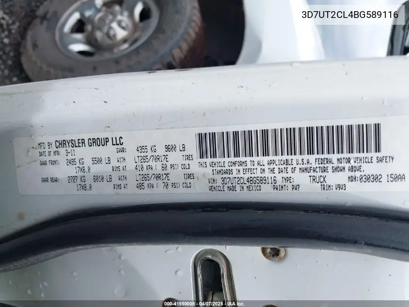 2011 Ram Ram 2500 Slt VIN: 3D7UT2CL4BG589116 Lot: 41950008
