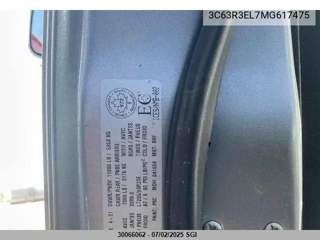2021 Ram 3500 Laramie VIN: 3C63R3EL7MG617475 Lot: 30066062