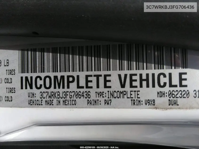 2015 Ram 4500 Chassis Tradesman/Slt VIN: 3C7WRKBJ3FG706436 Lot: 42298109