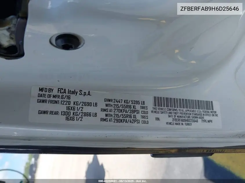 2017 Ram Promaster City Tradesman VIN: ZFBERFAB9H6D25646 Lot: 42258881
