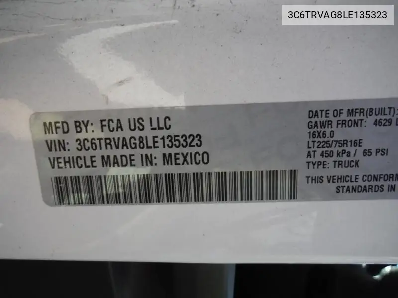 2020 Ram Promaster 1500 1500 Standard VIN: 3C6TRVAG8LE135323 Lot: 42271612