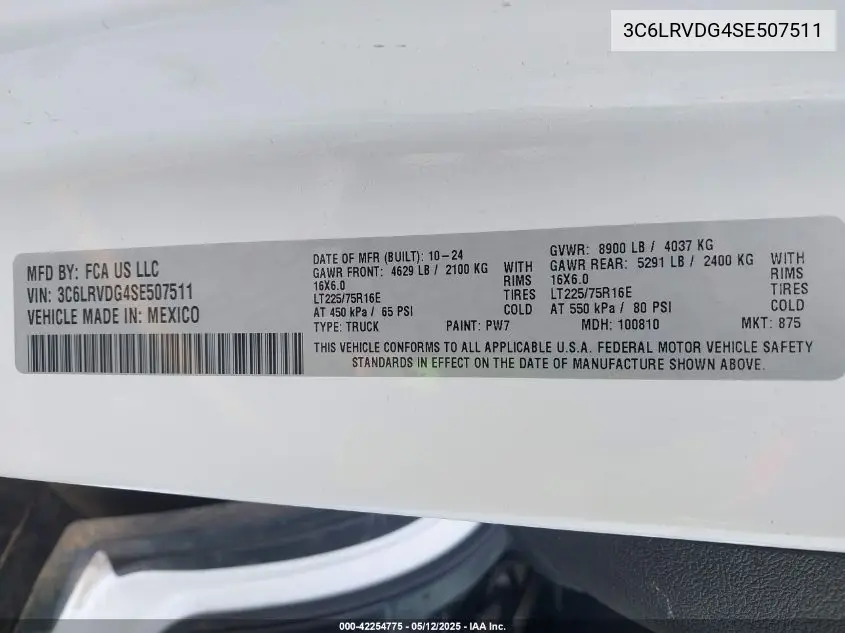 2025 Ram Promaster 2500 Tradesman High Roof 159 Wb W/Pass Seat VIN: 3C6LRVDG4SE507511 Lot: 42254775