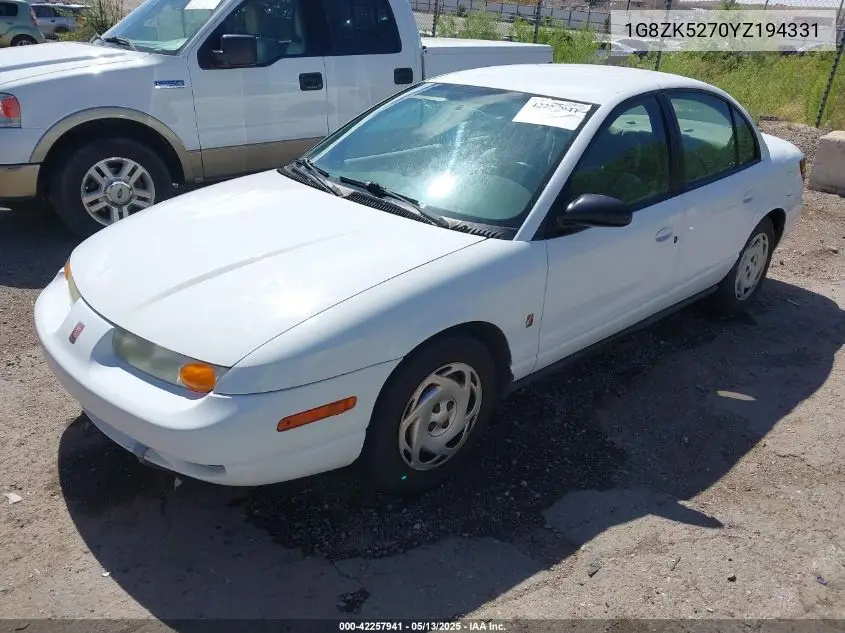 2000 Saturn Sl2 VIN: 1G8ZK5270YZ194331 Lot: 42257941