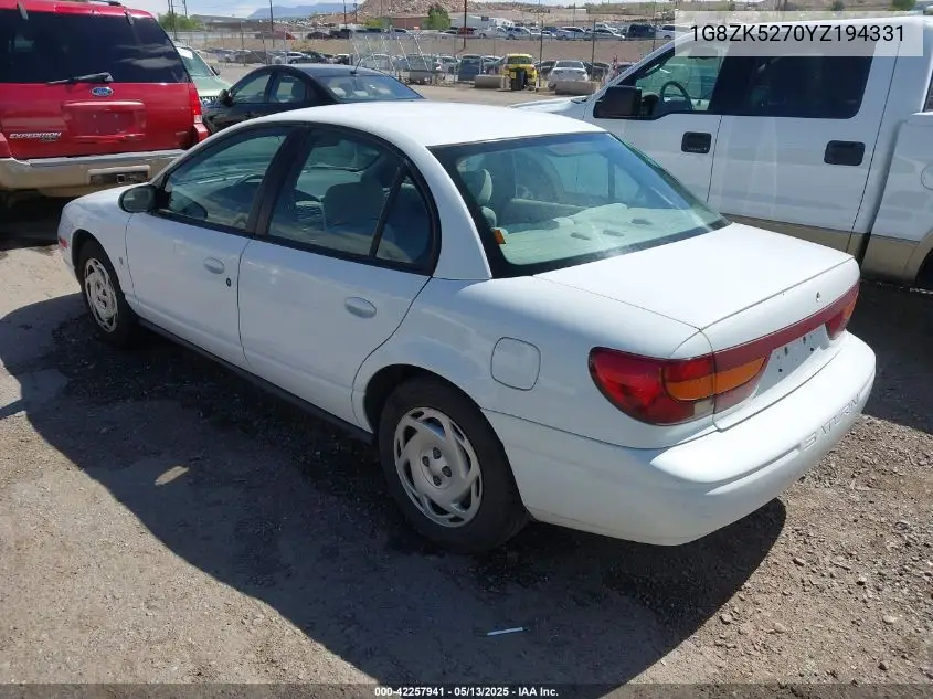 2000 Saturn Sl2 VIN: 1G8ZK5270YZ194331 Lot: 42257941