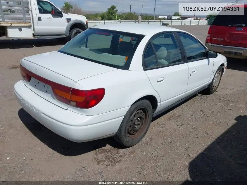 2000 Saturn Sl2 VIN: 1G8ZK5270YZ194331 Lot: 42257941