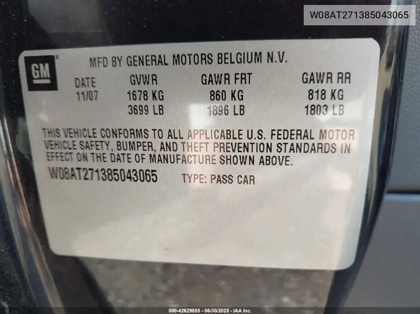 2008 Saturn Astra Xr VIN: W08AT271385043065 Lot: 42629855