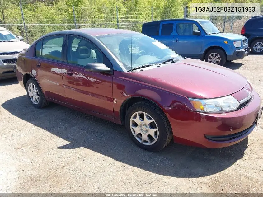 2003 Saturn Ion 2 VIN: 1G8AJ52F03Z151933 Lot: 42232290