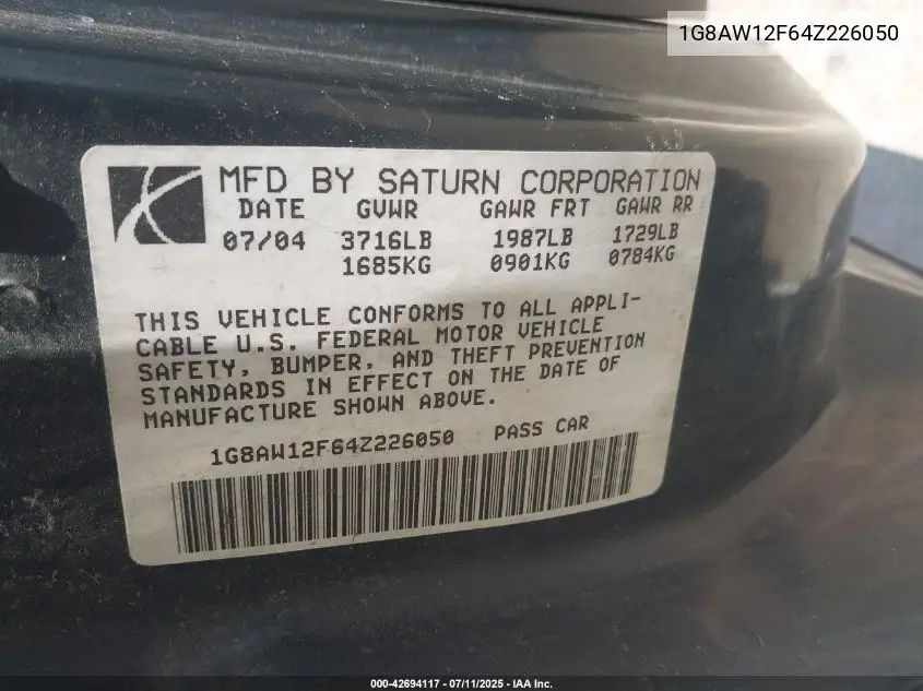 2004 Saturn Ion 3 VIN: 1G8AW12F64Z226050 Lot: 42694117