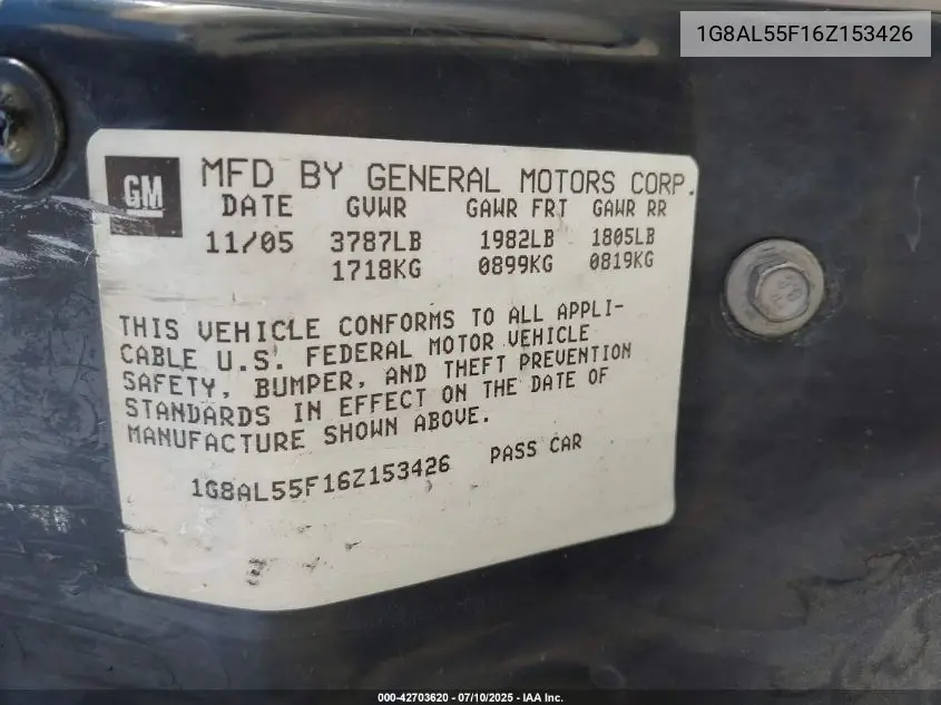 2006 Saturn Ion 3 VIN: 1G8AL55F16Z153426 Lot: 42703620