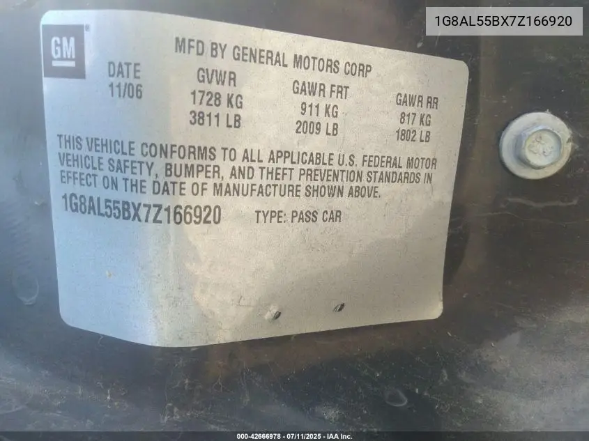 2007 Saturn Ion 3 VIN: 1G8AL55BX7Z166920 Lot: 42666978