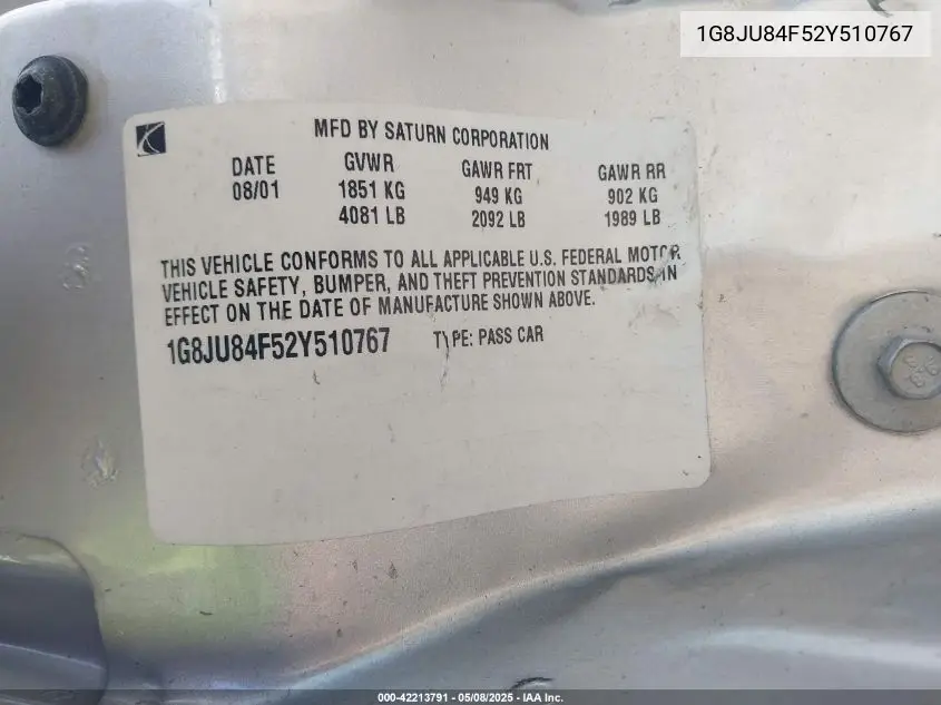 2002 Saturn L-Series Lw200 VIN: 1G8JU84F52Y510767 Lot: 42213791