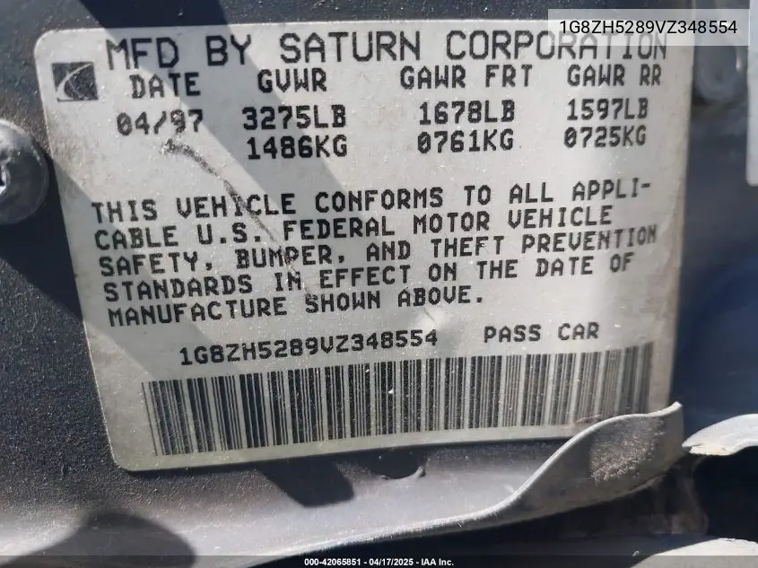 1997 Saturn Sl Sl1 VIN: 1G8ZH5289VZ348554 Lot: 42065851