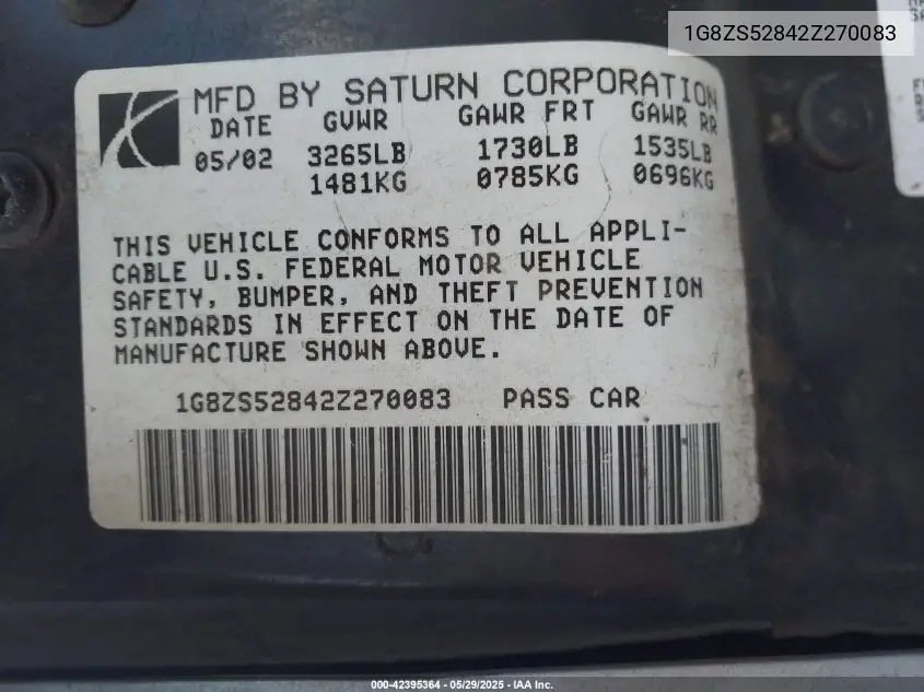 2002 Saturn S-Series Sl VIN: 1G8ZS52842Z270083 Lot: 42395364