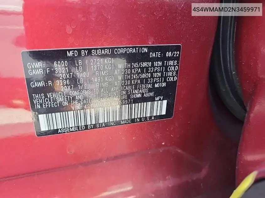 2022 Subaru Ascent Limited VIN: 4S4WMAMD2N3459971 Lot: 42615744