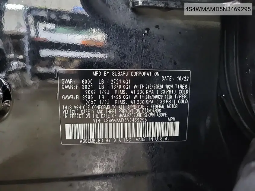 4S4WMAMD5N3469295 2022 Subaru Ascent Limited