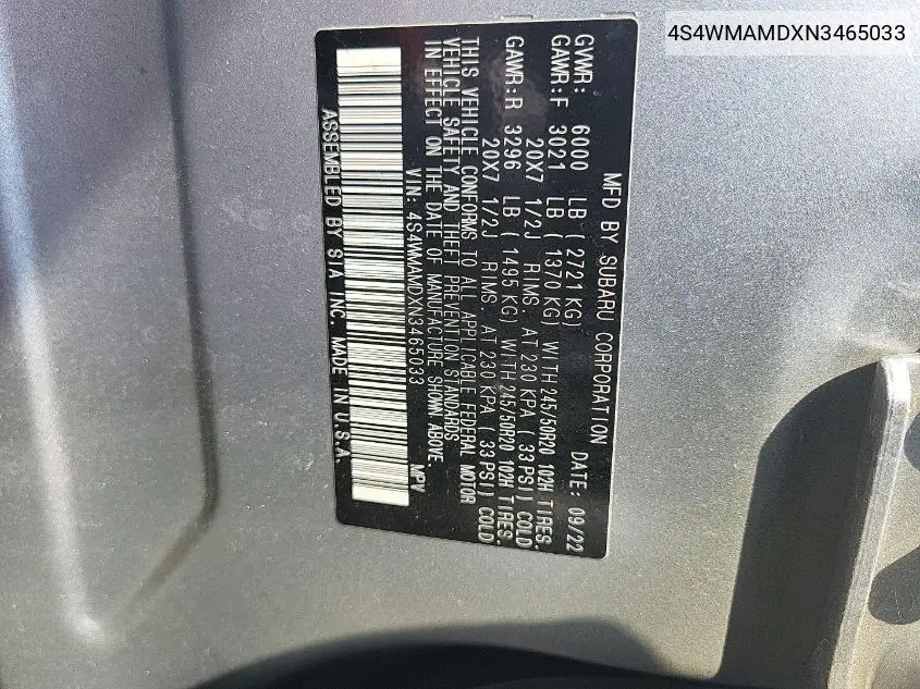 2022 Subaru Ascent Limited VIN: 4S4WMAMDXN3465033 Lot: 42724966