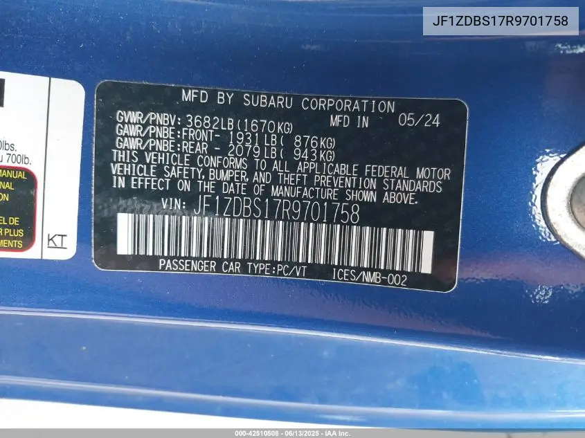 2024 Subaru Brz Ts VIN: JF1ZDBS17R9701758 Lot: 42510508