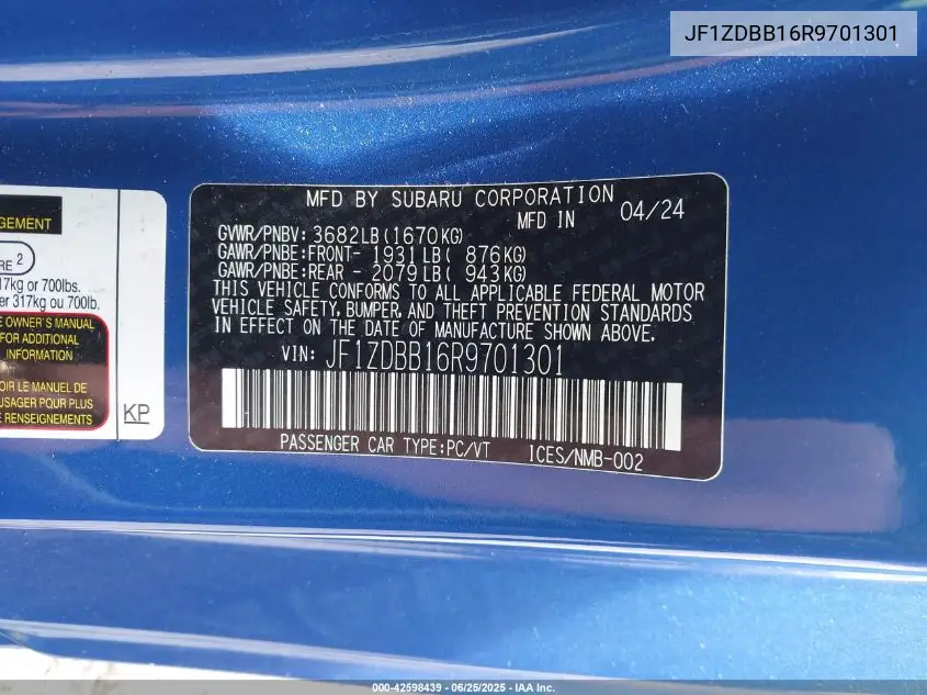 2024 Subaru Brz Premium VIN: JF1ZDBB16R9701301 Lot: 42598439