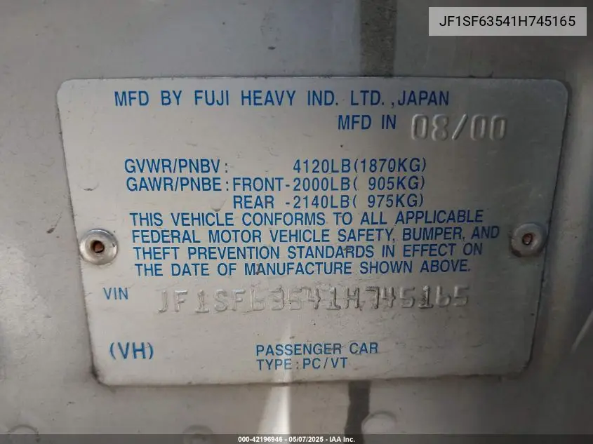 2001 Subaru Forester L VIN: JF1SF63541H745165 Lot: 42196946