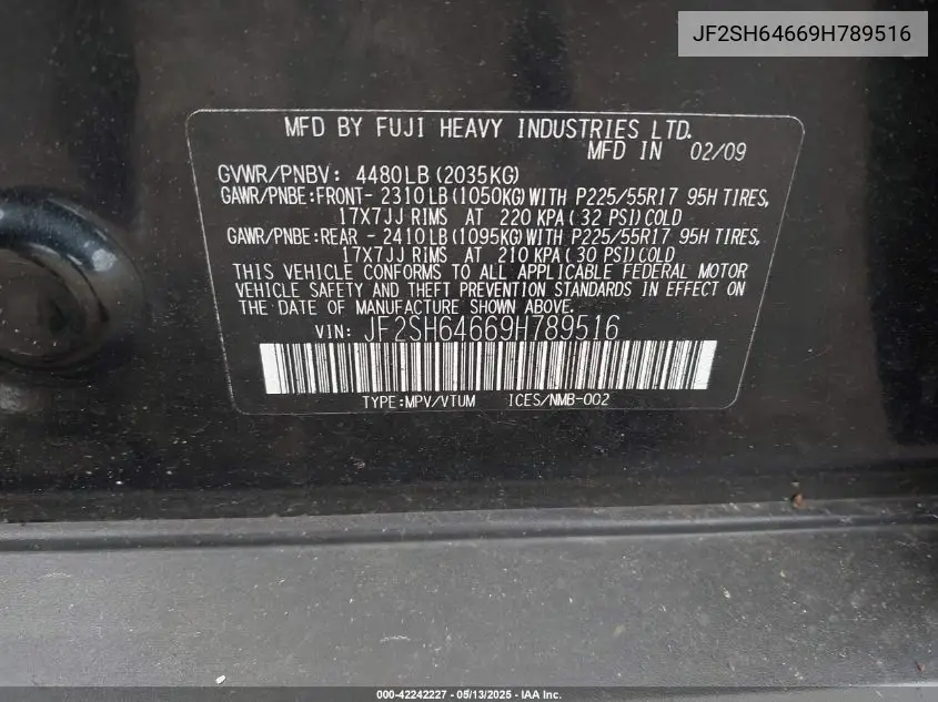 2009 Subaru Forester 2.5X Limited VIN: JF2SH64669H789516 Lot: 42242227