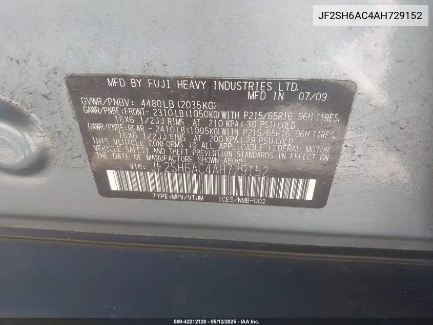 2010 Subaru Forester 2.5X VIN: JF2SH6AC4AH729152 Lot: 42212120