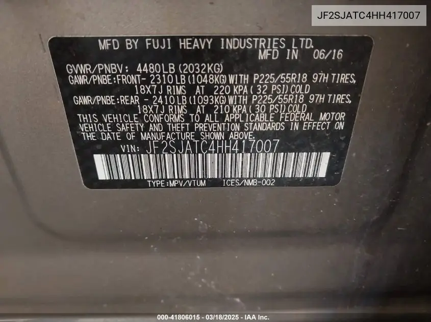 2017 Subaru Forester 2.5I Touring VIN: JF2SJATC4HH417007 Lot: 41806015
