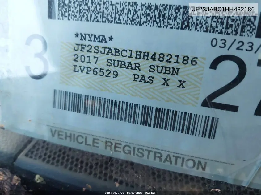 2017 Subaru Forester 2.5I VIN: JF2SJABC1HH482186 Lot: 42179773