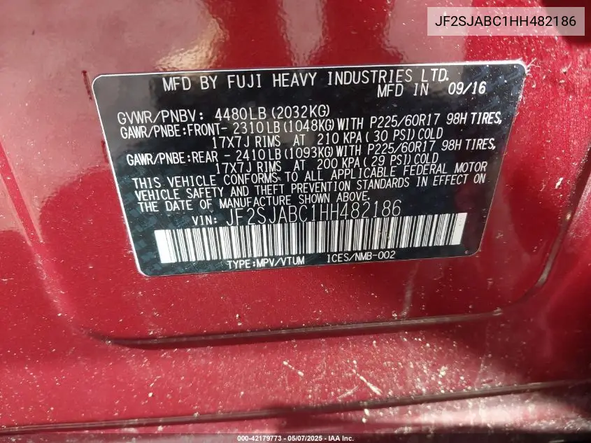 2017 Subaru Forester 2.5I VIN: JF2SJABC1HH482186 Lot: 42179773