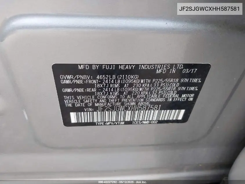 2017 Subaru Forester 2.0Xt Touring VIN: JF2SJGWCXHH587581 Lot: 42227292