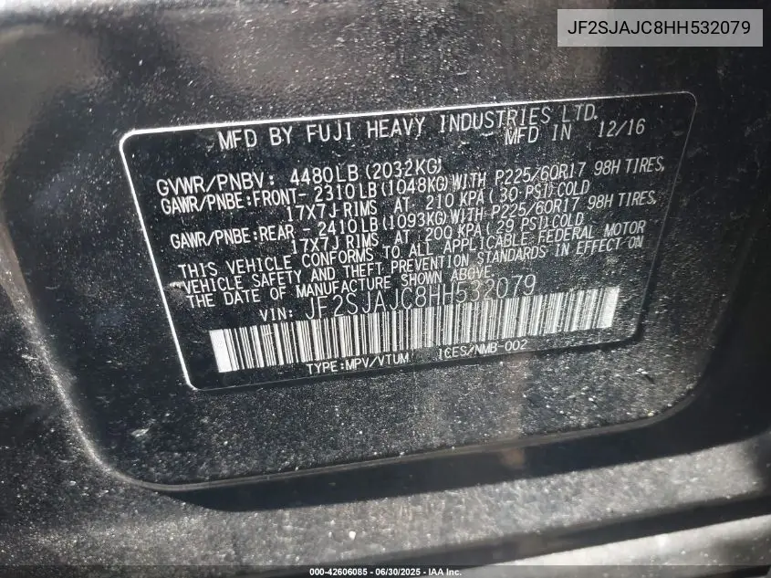 jf2sjajc8hh532079 JF2SJAJC8HH532079 2017 Subaru Forester 2.5I Limited