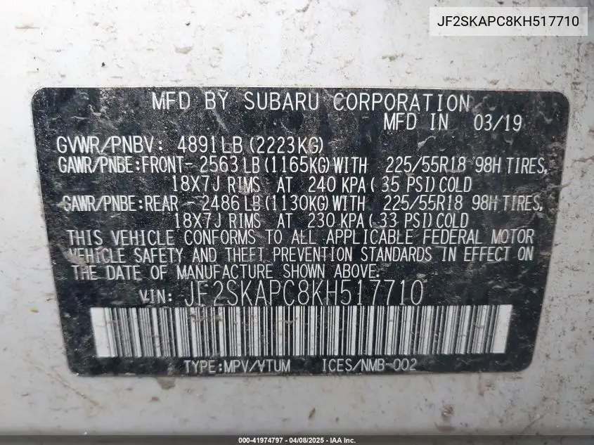 2019 Subaru Forester Sport VIN: JF2SKAPC8KH517710 Lot: 41974797