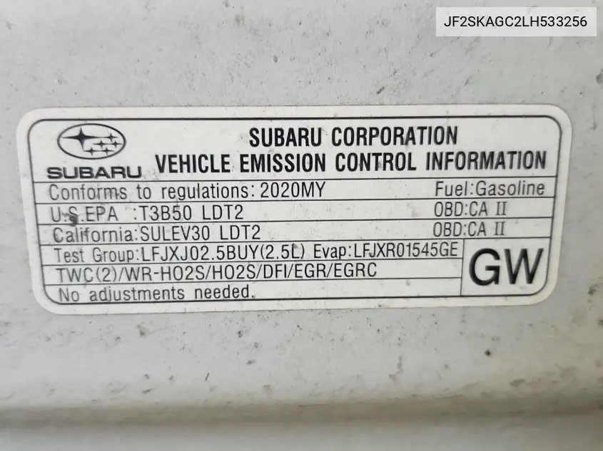 2020 Subaru Forester Premium VIN: JF2SKAGC2LH533256 Lot: 42269539