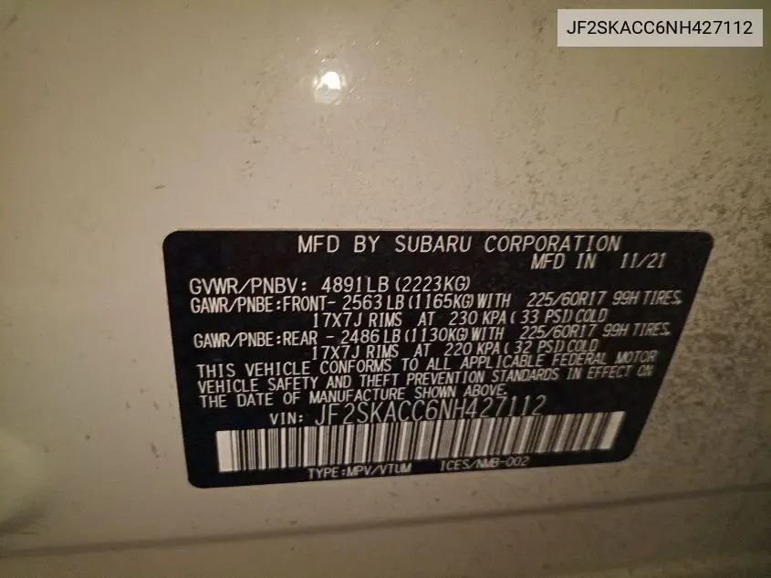 2022 Subaru Forester VIN: JF2SKACC6NH427112 Lot: 42679164
