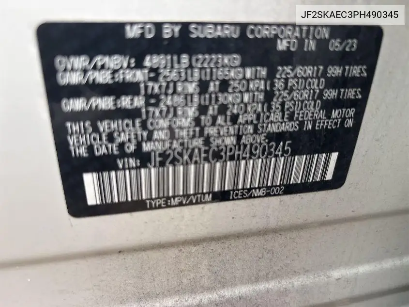 2023 Subaru Forester Premium VIN: JF2SKAEC3PH490345 Lot: 42634902