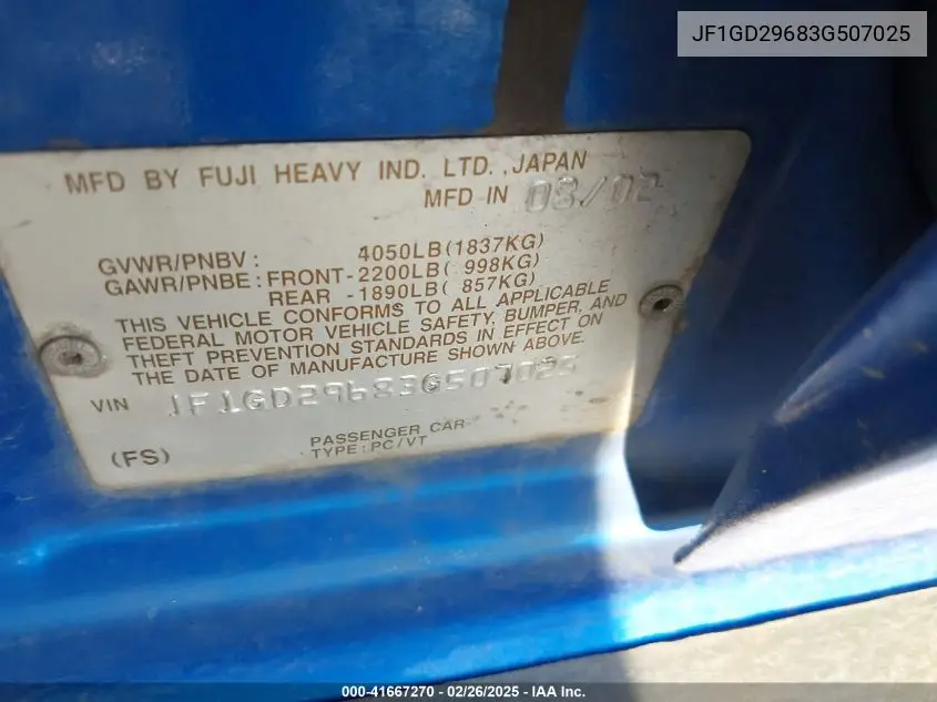 2003 Subaru Impreza Wrx VIN: JF1GD29683G507025 Lot: 41667270