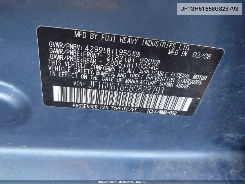 2008 Subaru Impreza 2.5I VIN: JF1GH61658G828793 Lot: 42193681