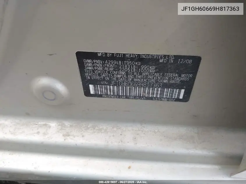 2009 Subaru Impreza 2.5I VIN: JF1GH60669H817363 Lot: 42619897