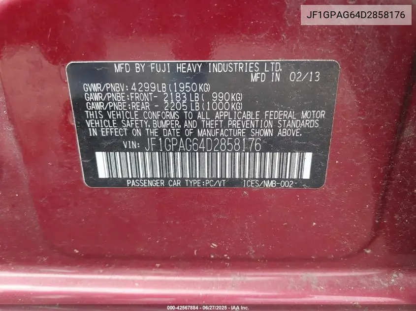 2013 Subaru Impreza 2.0I Limited VIN: JF1GPAG64D2858176 Lot: 42567884