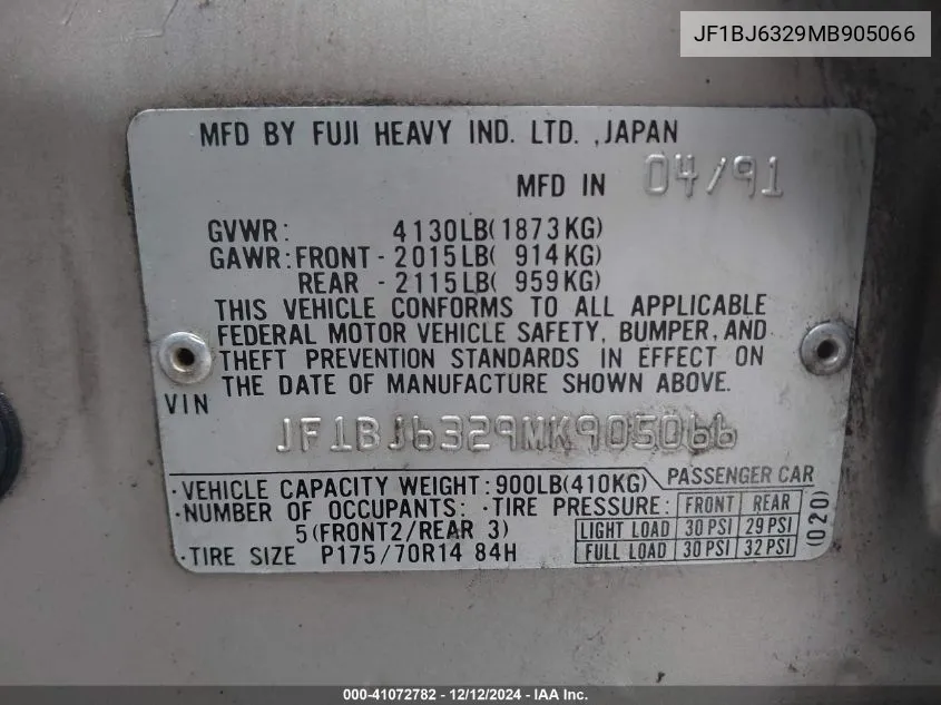 1991 Subaru Legacy L VIN: JF1BJ6329MB905066 Lot: 41072782