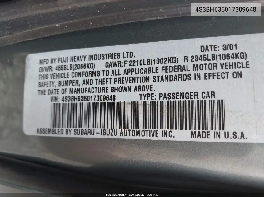 2001 Subaru Legacy L VIN: 4S3BH635017309648 Lot: 42279597