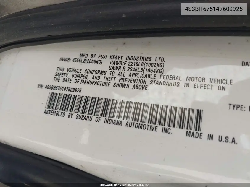 2004 Subaru Legacy Outback Awp VIN: 4S3BH675147609925 Lot: 42608853